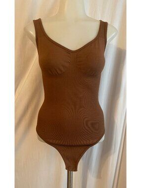 OQQ Brown Ribbed Sleeveless Bodysuit Size S High Cut Thong